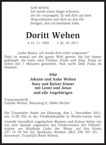 Todesanzeige von Doritt Wehen von KREISZEITUNG SYKE