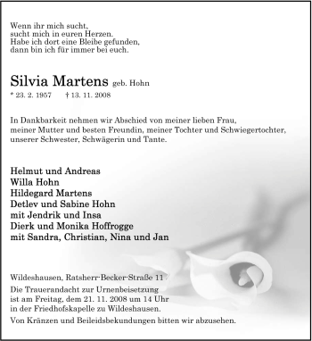 Todesanzeige von Silvia Martens von KREISZEITUNG SYKE