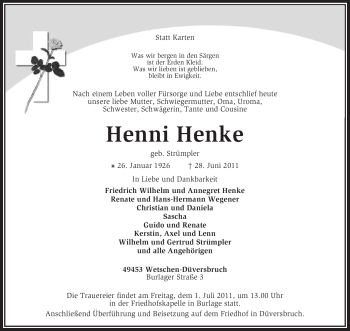 Todesanzeige von Henni Henke von KREISZEITUNG SYKE