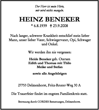 Todesanzeige von Heinz Beneker von KREISZEITUNG SYKE