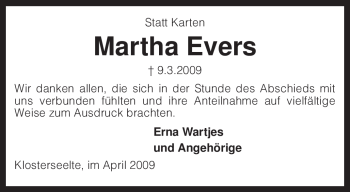 Todesanzeige von Martha Evers von KREISZEITUNG SYKE