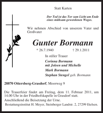 Todesanzeige von Gunter Bormann von KREISZEITUNG SYKE