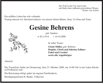 Todesanzeige von Gesine Behrens von KREISZEITUNG SYKE