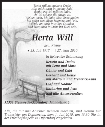 Todesanzeige von Herta Will von KREISZEITUNG SYKE