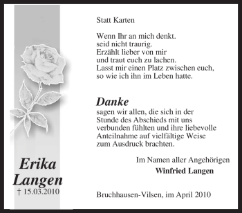 Todesanzeige von Erika Langen von KREISZEITUNG SYKE