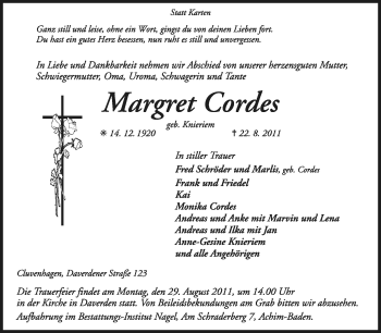 Todesanzeige von Margret Cordes von KREISZEITUNG SYKE