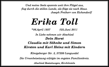 Todesanzeige von Erika Toll von KREISZEITUNG SYKE