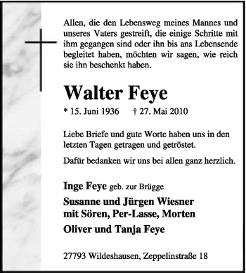Todesanzeige von Walter Feye von KREISZEITUNG SYKE