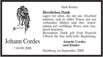 Todesanzeige von Johann Cordes von KREISZEITUNG SYKE