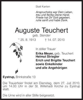 Todesanzeige von Auguste Teuchert von KREISZEITUNG SYKE