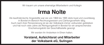 Todesanzeige von Irma Nolte von KREISZEITUNG SYKE