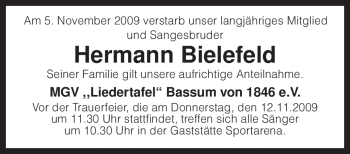 Todesanzeige von Hermann Bielefeld von KREISZEITUNG SYKE
