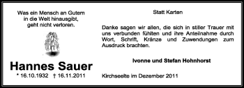 Todesanzeige von Hannes Sauer von KREISZEITUNG SYKE