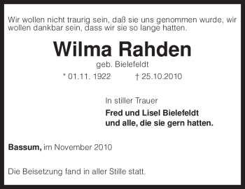 Todesanzeige von Wilma Rahden von KREISZEITUNG SYKE