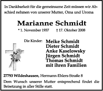 Todesanzeige von Marianne Schmidt von KREISZEITUNG SYKE