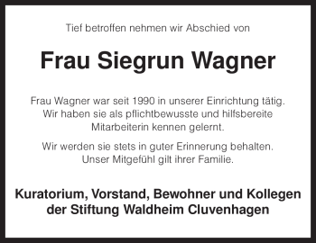 Todesanzeige von Siegrun Wagner von KREISZEITUNG SYKE
