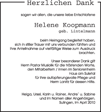 Todesanzeige von Helene Koopmann von KREISZEITUNG SYKE