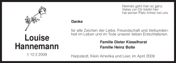 Todesanzeige von Louise Hannemann von KREISZEITUNG SYKE