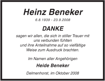 Todesanzeige von Heinz Beneker von KREISZEITUNG SYKE