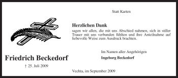Todesanzeige von Friedrich Beckedorf von KREISZEITUNG SYKE