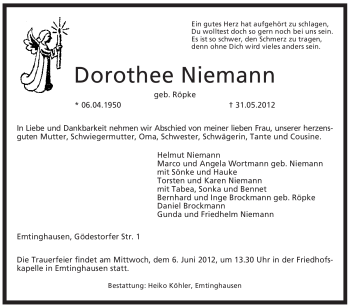 Todesanzeige von Dorothee Niemann von KREISZEITUNG SYKE