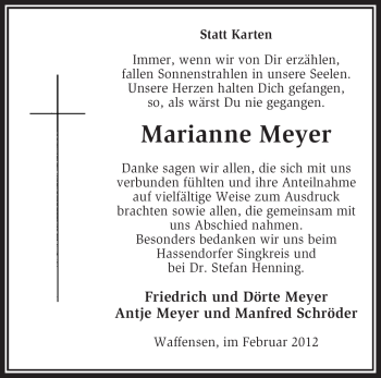Todesanzeige von Marianne Meyer von KREISZEITUNG SYKE