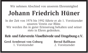 Todesanzeige von Johann Friedrich Hüner von KREISZEITUNG SYKE
