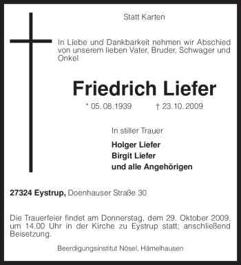 Todesanzeige von Friedrich Liefer von KREISZEITUNG SYKE