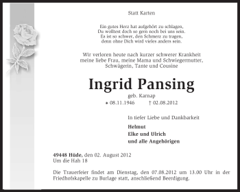 Todesanzeige von Ingrid Pansing von KREISZEITUNG SYKE