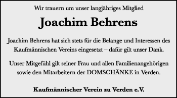 Todesanzeige von Joachim Behrens von KREISZEITUNG SYKE