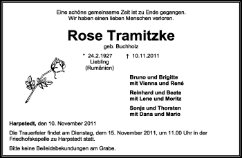 Todesanzeige von Rose Tramitzke von KREISZEITUNG SYKE