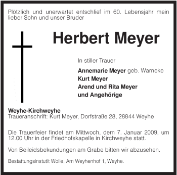Todesanzeige von Herbert Meyer von KREISZEITUNG SYKE