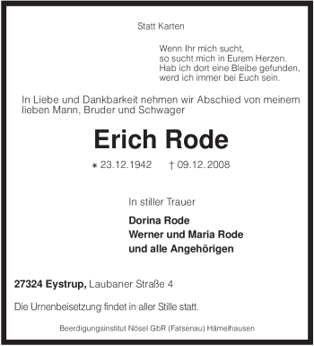 Todesanzeige von Erich Rode von KREISZEITUNG SYKE