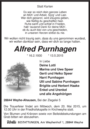 Todesanzeige von Alfred Purnhagen von KRZ