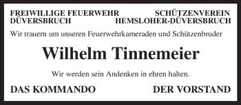 Todesanzeige von Wilhelm Tinnemeier von KRZ