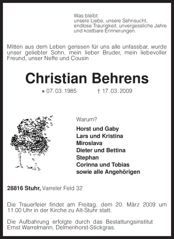Todesanzeige von Christian Behrens von KREISZEITUNG SYKE