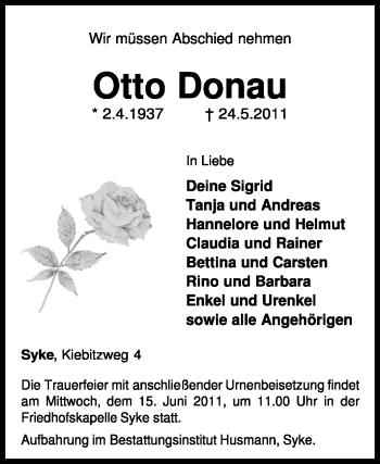 Todesanzeige von Otto Donau von KREISZEITUNG SYKE