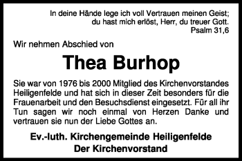 Todesanzeige von Thea Burhop von KREISZEITUNG SYKE