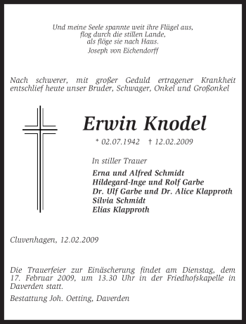 Todesanzeige von Erwin Knodel von KREISZEITUNG SYKE