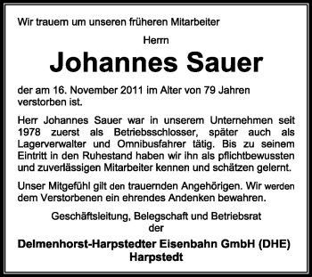 Todesanzeige von Hannes Sauer von KREISZEITUNG SYKE