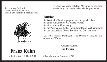 Todesanzeige von Franz Kuhn von KREISZEITUNG SYKE