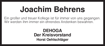 Todesanzeige von Joachim Behrens von KREISZEITUNG SYKE