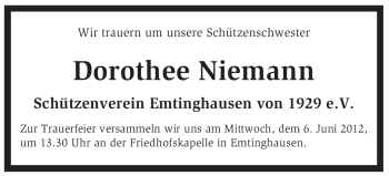 Todesanzeige von Dorothee Niemann von KREISZEITUNG SYKE