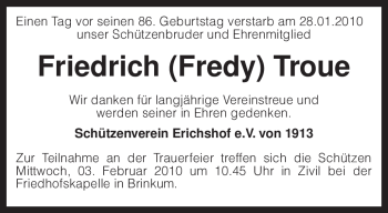 Todesanzeige von Friedrich Troue von KREISZEITUNG SYKE