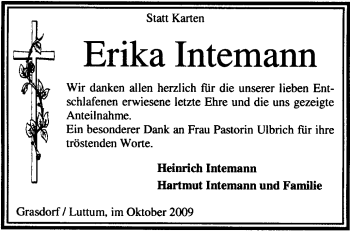 Todesanzeige von Erika Intemann von KREISZEITUNG SYKE