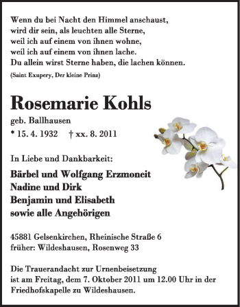 Todesanzeige von Rosemarie Kohls von KREISZEITUNG SYKE