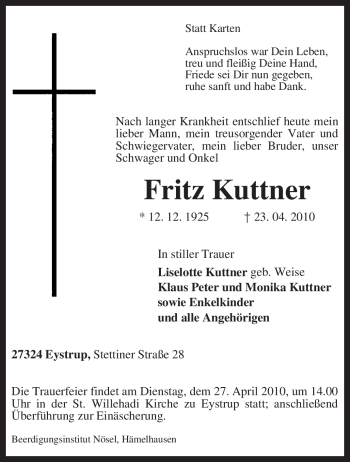 Todesanzeige von Fritz Kuttner von KREISZEITUNG SYKE