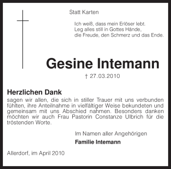 Todesanzeige von Gesine Intemann von KREISZEITUNG SYKE