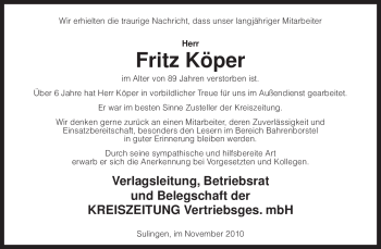 Todesanzeige von Fritz Köper von KREISZEITUNG SYKE