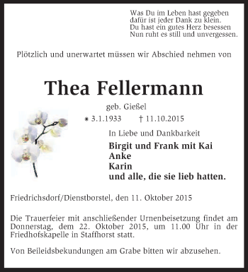 Todesanzeige von Thea Fellermann von KRZ